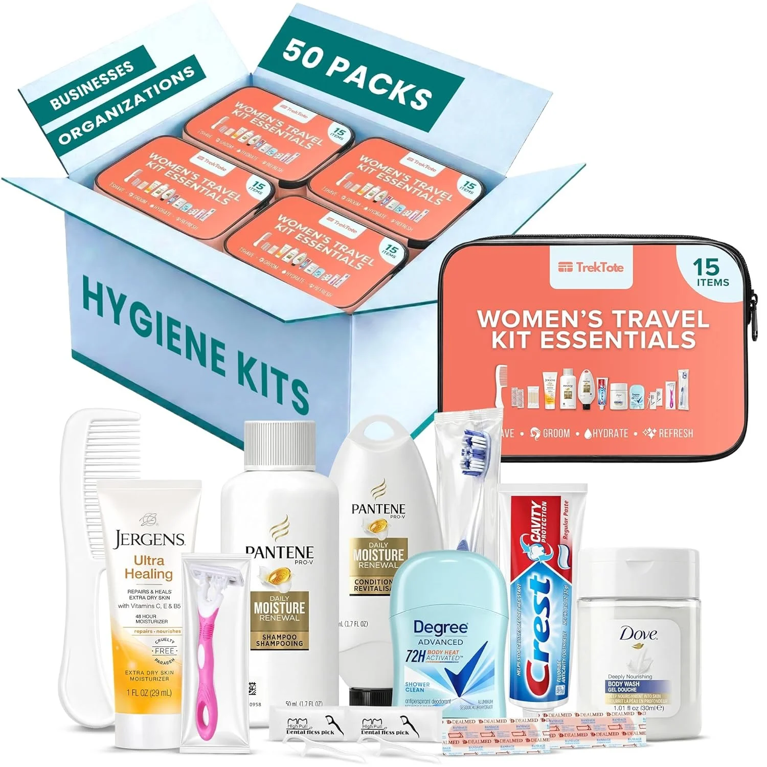 Bulk Womenâ€™s Hygiene Kits 15 Piece Travel Toiletry Kit with Shampoo Conditioner Body Wash Lotion Deodorant Razor Toothbrush Toothpaste Comb Flossers Swabs Bandages Wipes