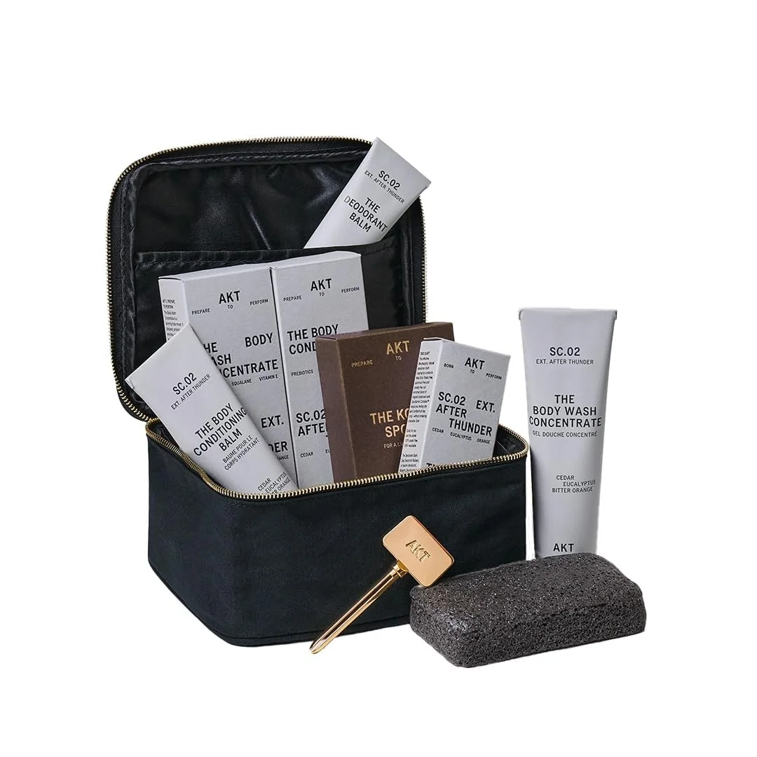 AKT The Ensemble Body Care 6-Piece Gift Set: Deodorant Balm 50ml, Body Wash Concentrate 100ml, Body Conditioning Balm 100ml, Tube Squeezer, Shower Sponge, 02 After Thunder Scent, Travel Essentials